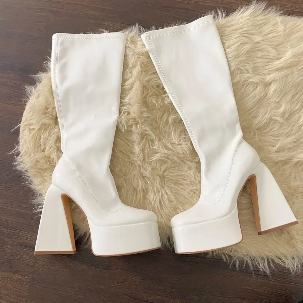 Chunky White Faux Leather Platform Knee High Heel Triangle Heels Boots US 7